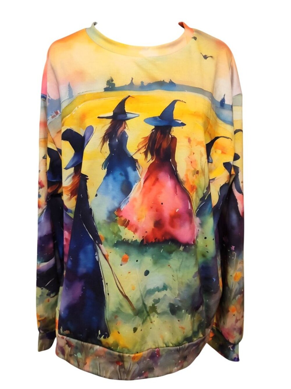 Witches Watercolor Graphic Sweatshirt With Vibrant Multicolor Design Long Sleeve - Picture 4 of 4